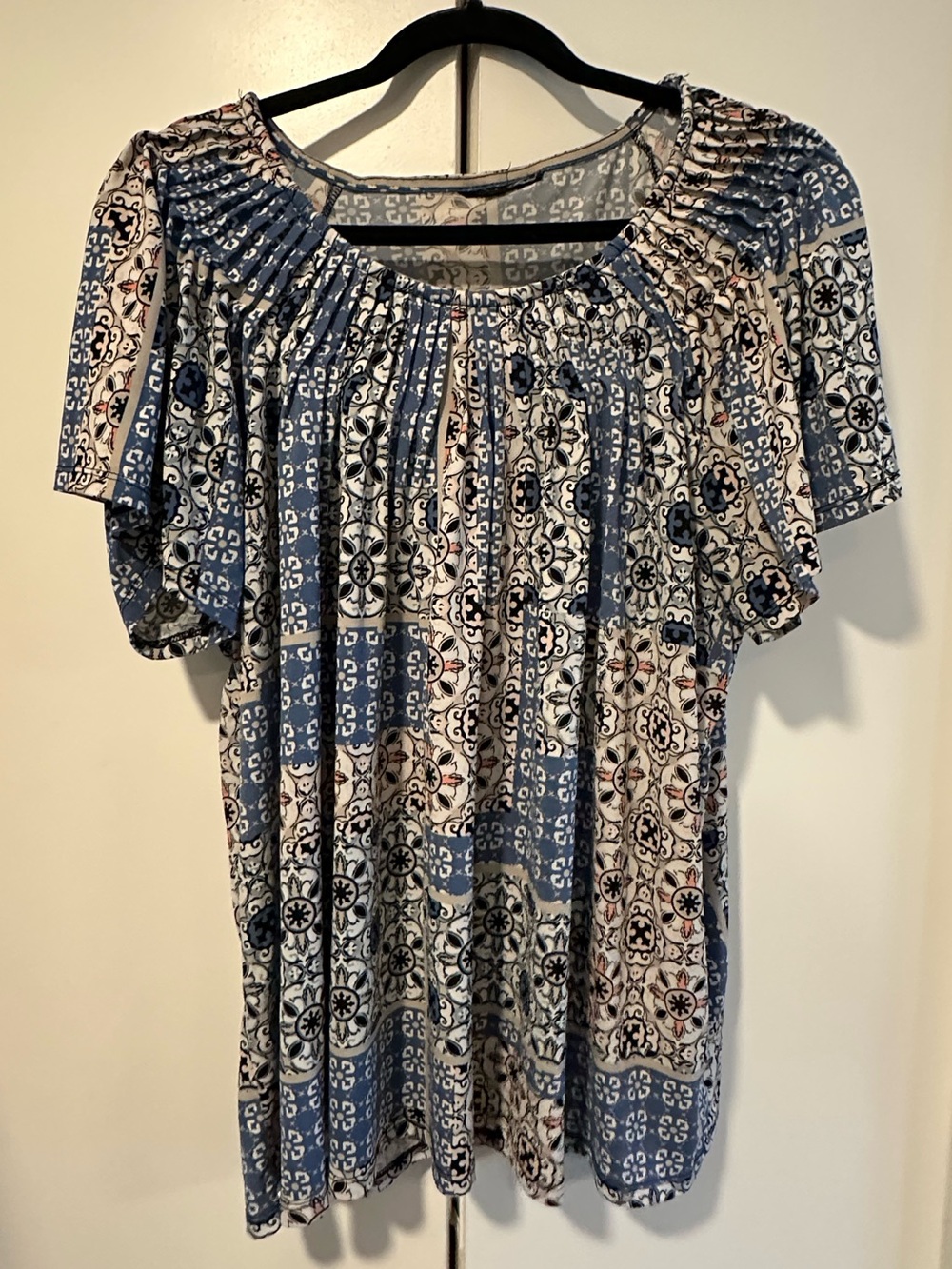 Womens Blue Patterned Short-Sleeve Peasant Top 3x
